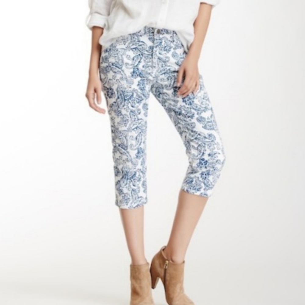 NYDJ Women's Sz. 8 Paisley Blue White Cropped Casual Pants